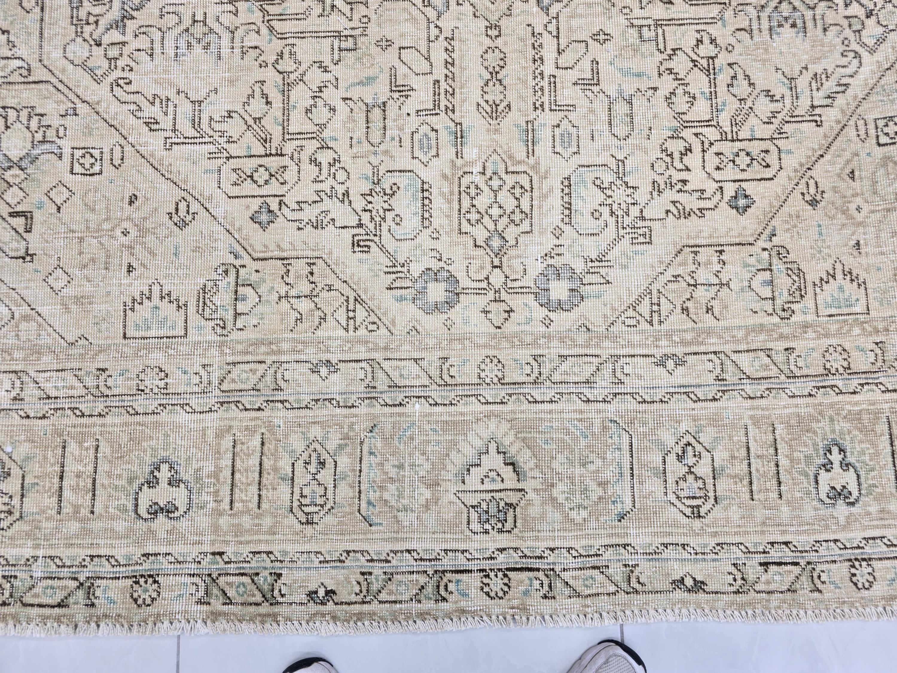 Oushak Rug 8x11, Faded Oatmeal Beige Turkish Area Rug with Soft Blue Accents, Hand Knotted Wool Carpet for Dining Room, Bedroom