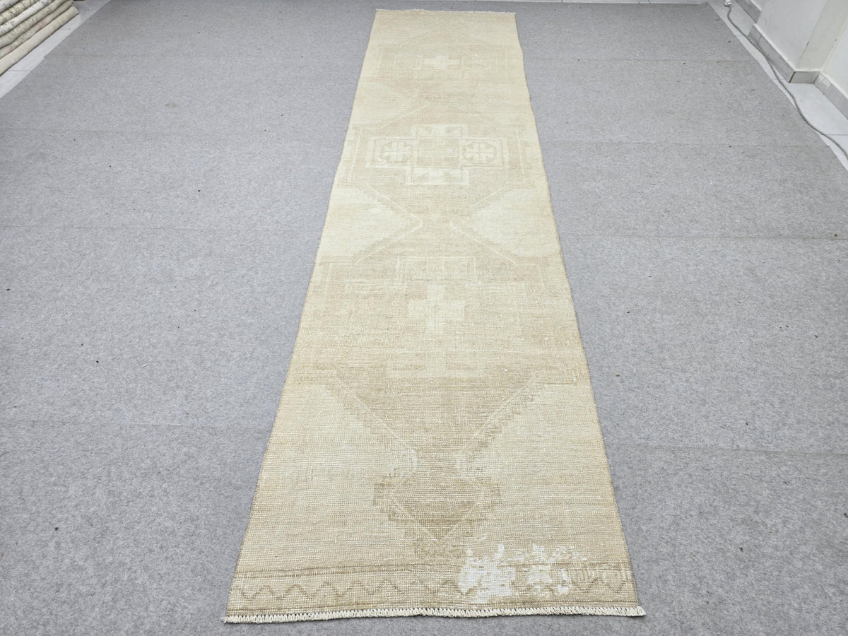 Turkish Rug 3x12 Narrow Runner, Parchment Beige Wool Rug, Extra Long Galley Kitchen Carpet,  Vintage Hallway Runner Rug, Coastal Decor Rug