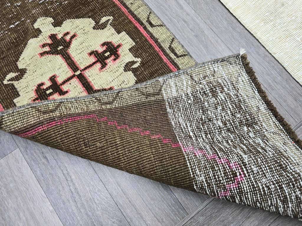 Vintage Hand-Knotted Turkish Wool Rug: Brown Tribal Medallion Entry Mat (1x3 ft)