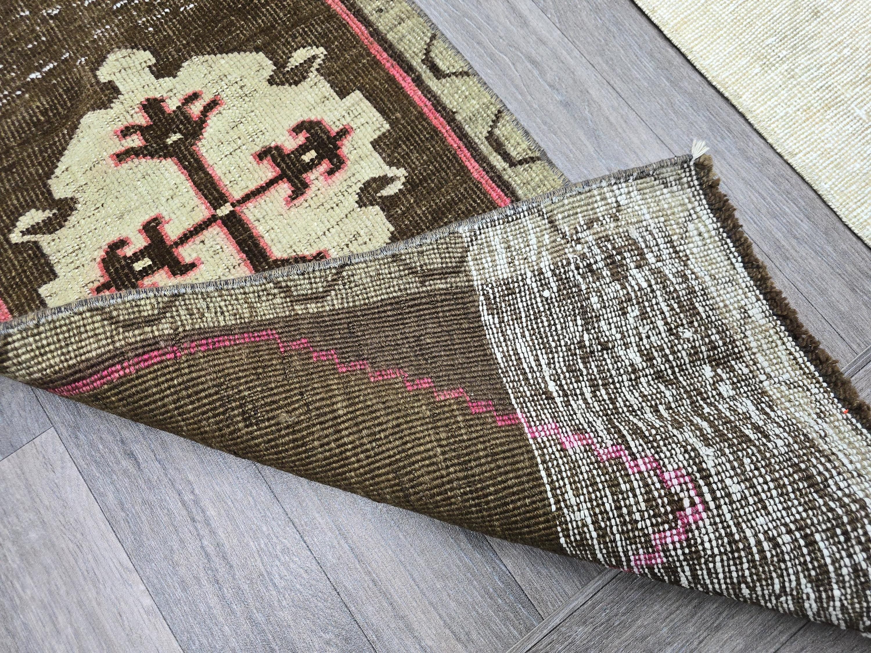 Vintage Hand-Knotted Turkish Wool Rug: Brown Tribal Medallion Entry Mat (1x3 ft)