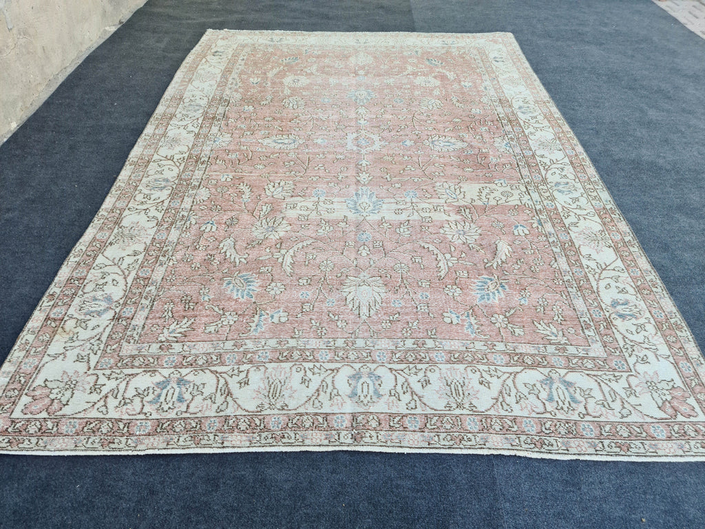 Muted Oushak Pink Rug: 6.85x9.85 ft, Handmade Vintage Turkish Floral Wool Carpet
