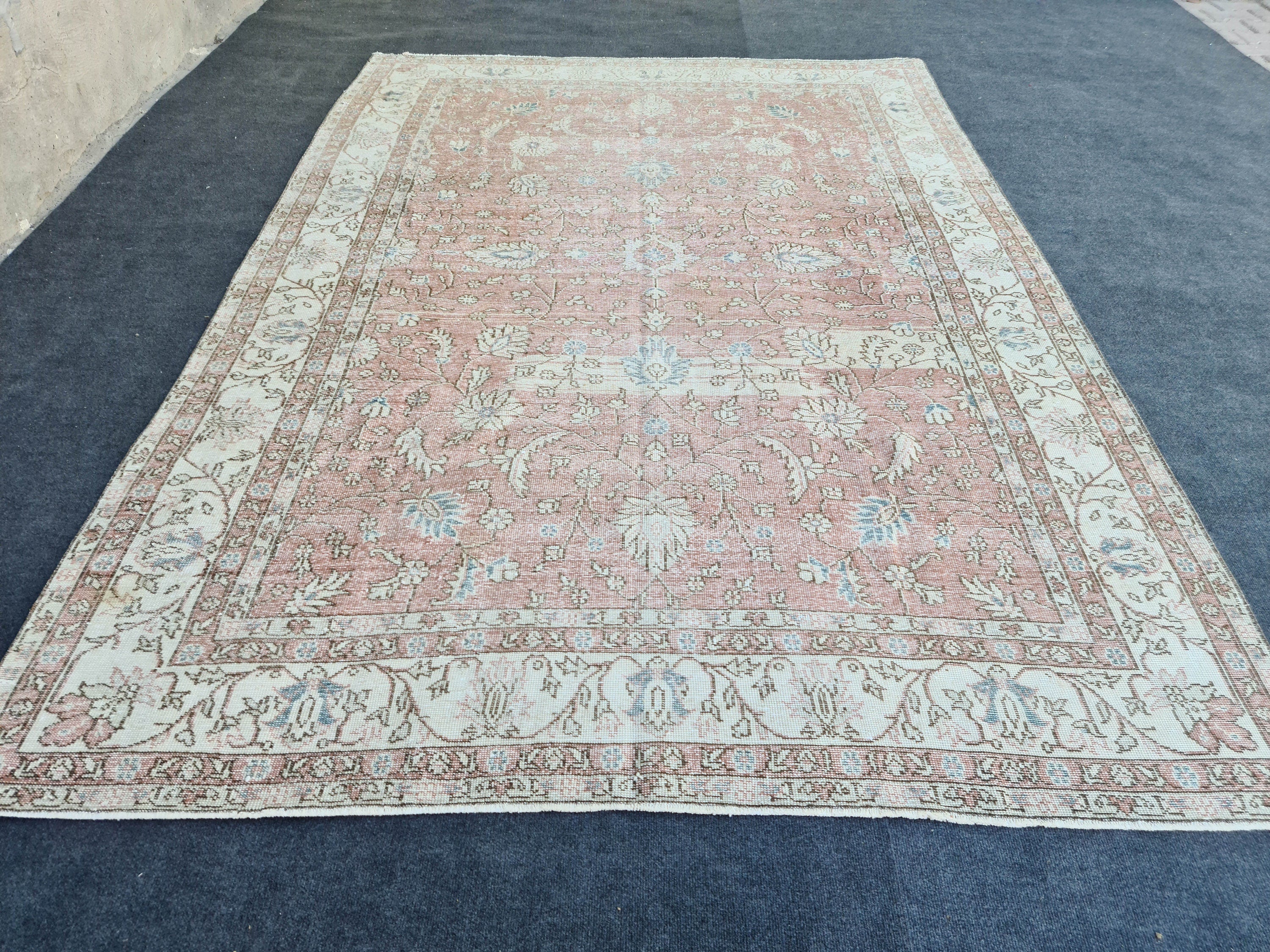 Muted Oushak Pink Rug: 6.85x9.85 ft, Handmade Vintage Turkish Floral Wool Carpet