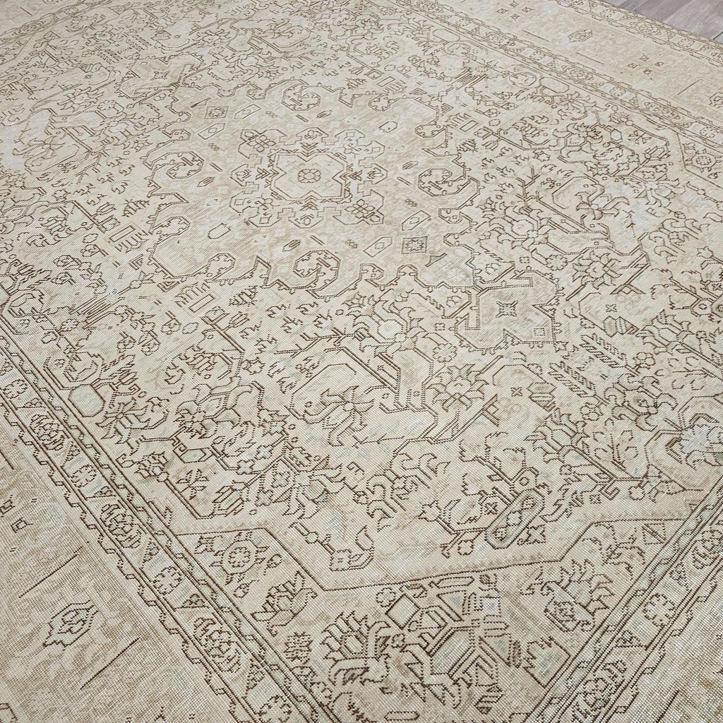 Oversized Neutral Oushak Rug: Vintage Geometric Turkish Wool Carpet (9.6x12.6 ft)