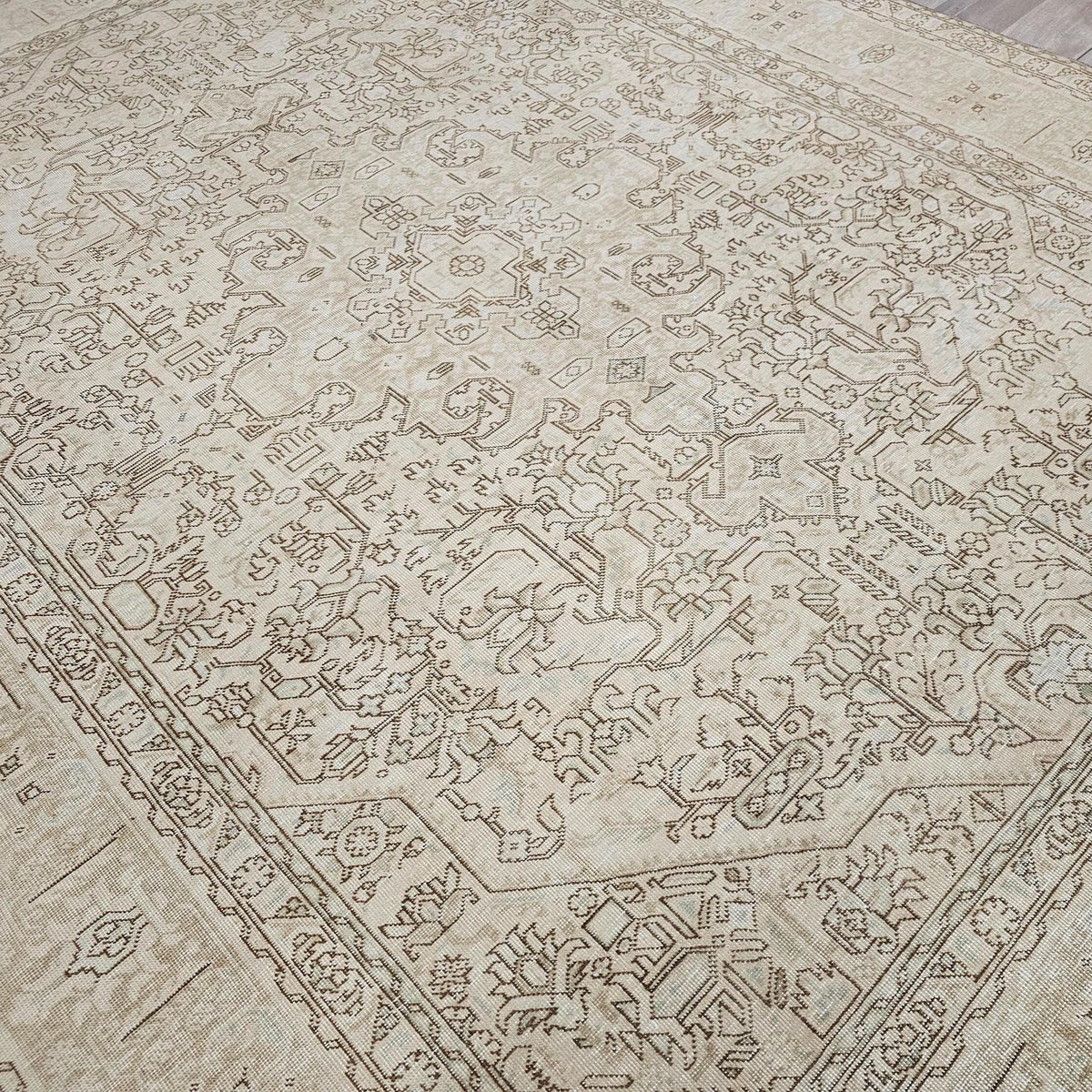 Oversized Neutral Oushak Rug: Vintage Geometric Turkish Wool Carpet (9.6x12.6 ft)