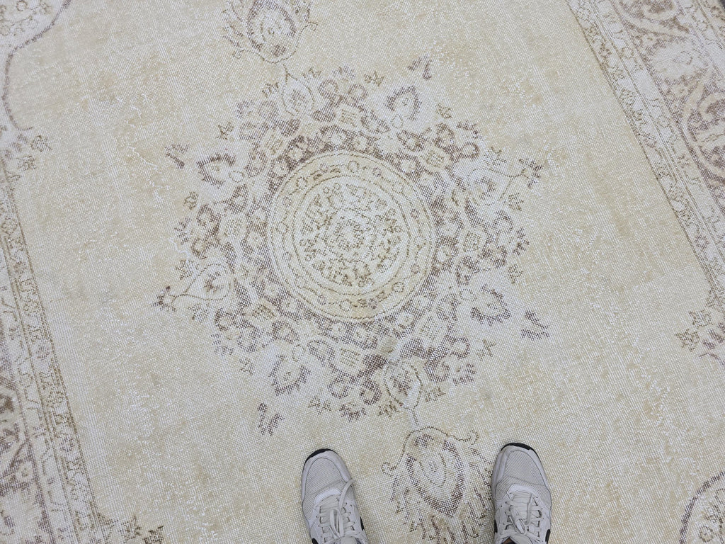 7x10 Vintage Turkish Oushak Rug 7x10: Neutral Medallion Turkish Carpet beige brown