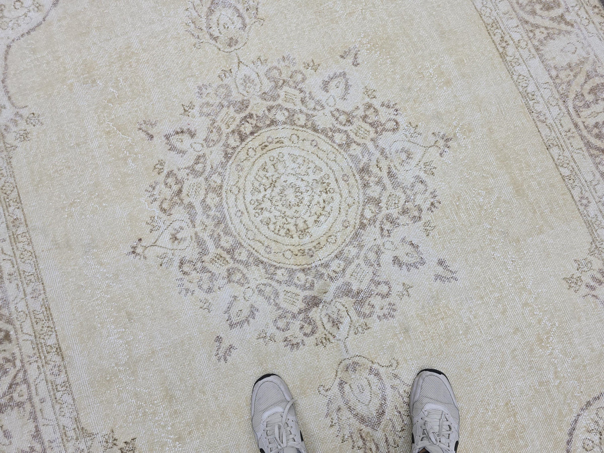 7x10 Vintage Turkish Oushak Rug 7x10: Neutral Medallion Turkish Carpet beige brown