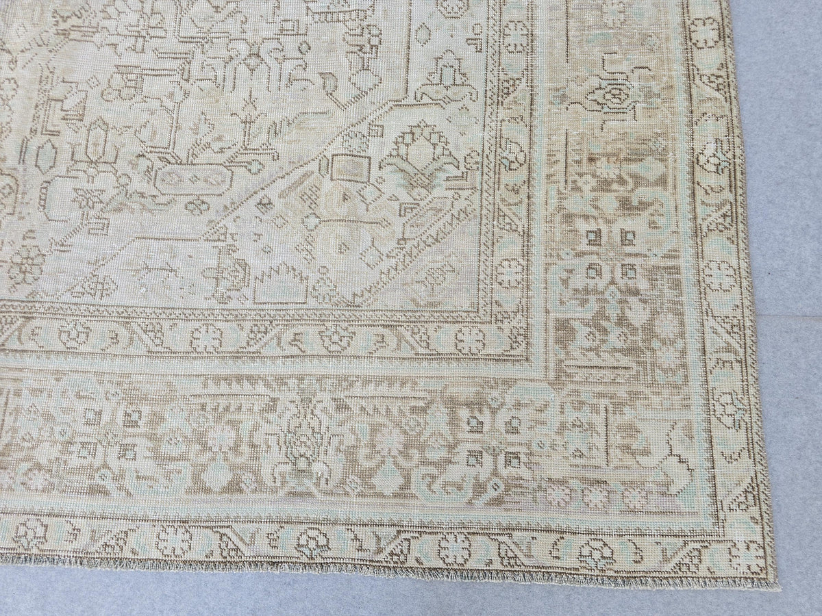 9x12 Neutral Area Rug Vintage / Beige and Blue Handmade Wool Oushak Rug