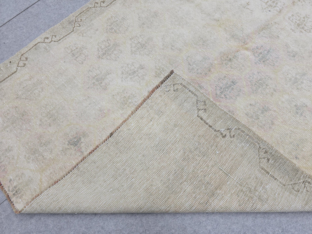 Vintage Rug 4x10, Neutral Wide Runner, Hand Knotted Wool Oushak Rug, Faded Wheat Beige Hallway Carpet, Muted Turkish Boho Gallery Rug