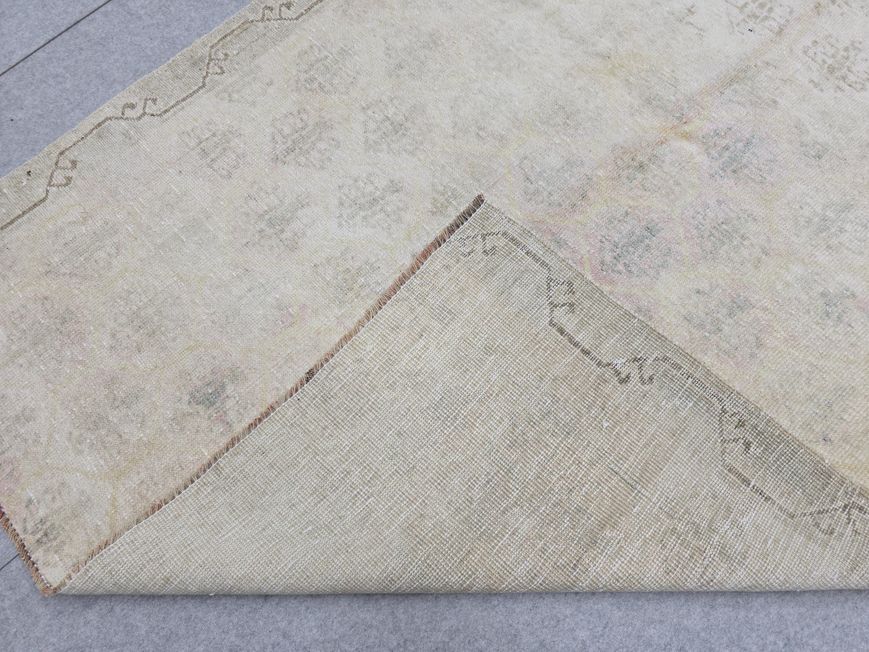 Vintage Rug 4x10, Neutral Wide Runner, Hand Knotted Wool Oushak Rug, Faded Wheat Beige Hallway Carpet, Muted Turkish Boho Gallery Rug