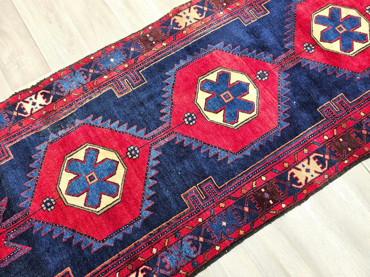 3.50x9.85 feet Traditional Wool Antique Anatolian Runner Rug Red Navy Blue