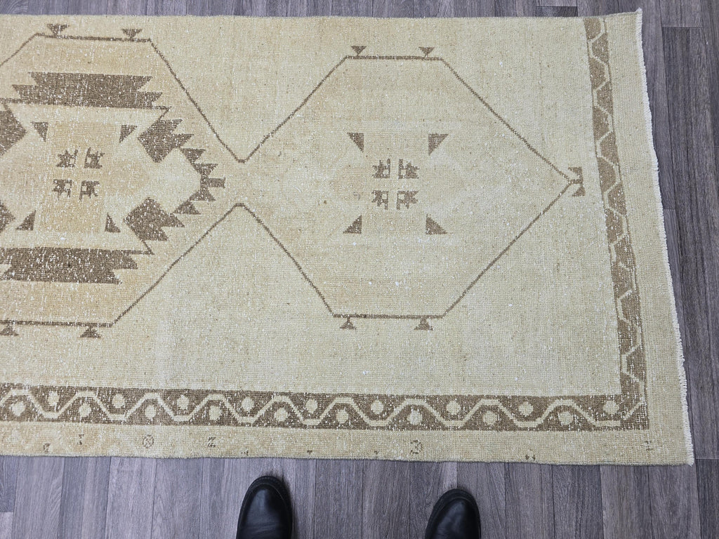 Vintage Anatolian Runner Rug: Cream Beige Wool Hallway Carpet (3.4x13.6 ft)
