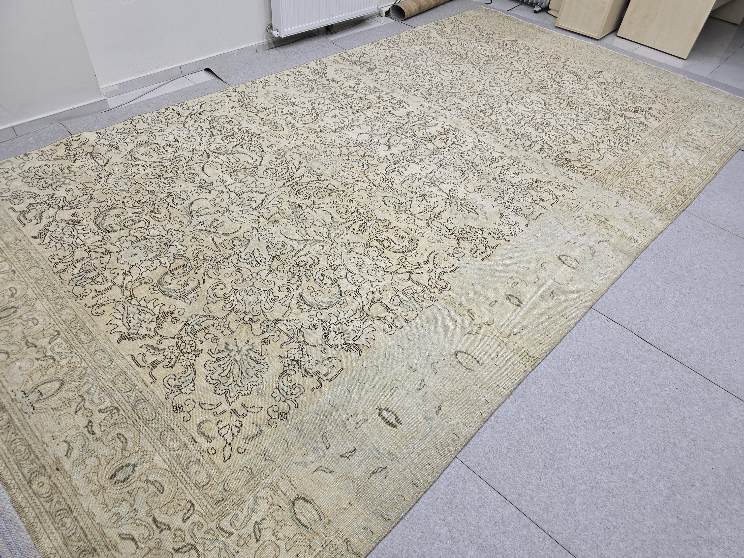 8x15 Hand Knotted Wool Area Rug, Muted Beige Floral Living Room Carpet (8x15 ft)