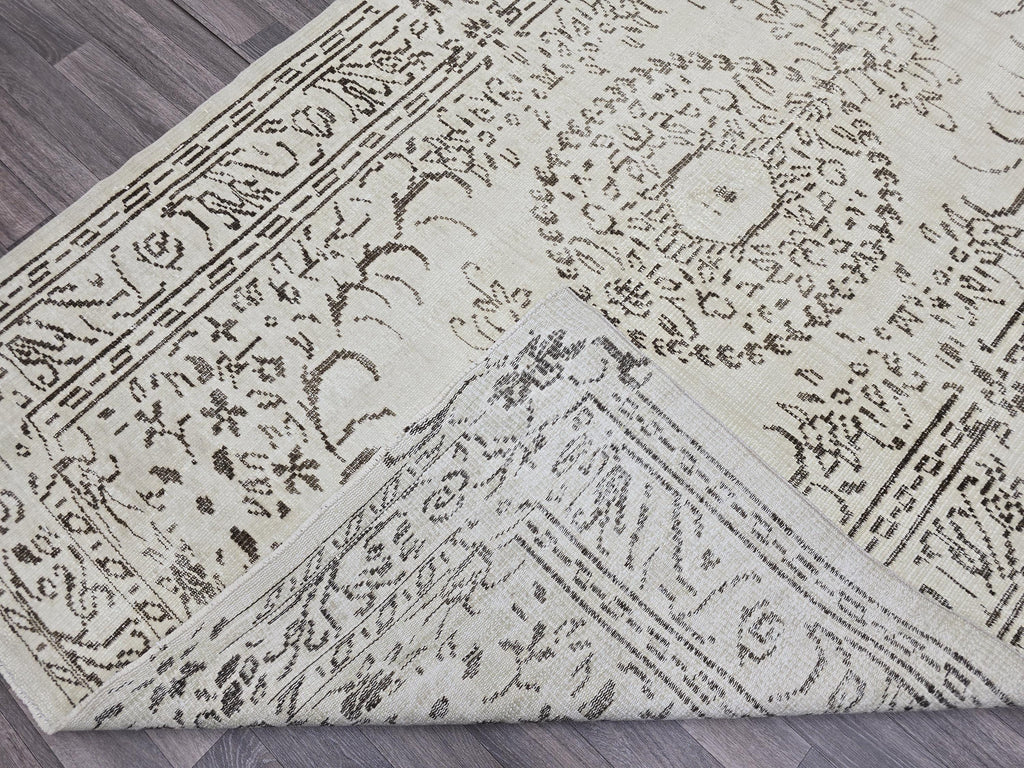 5x8 Vintage Oushak Rug: Cream & Brown Medallion, Handmade Wool