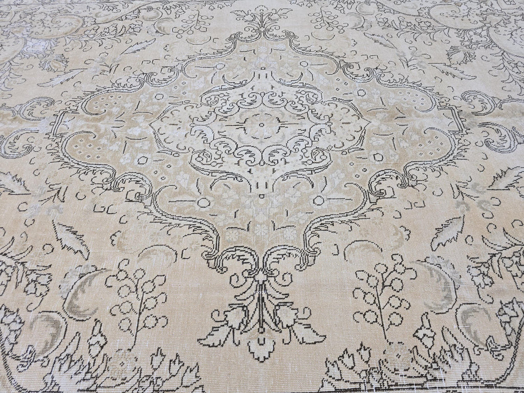 9x12 Oversized Vintage Oushak Rug: Distressed Tan Wool Medallion