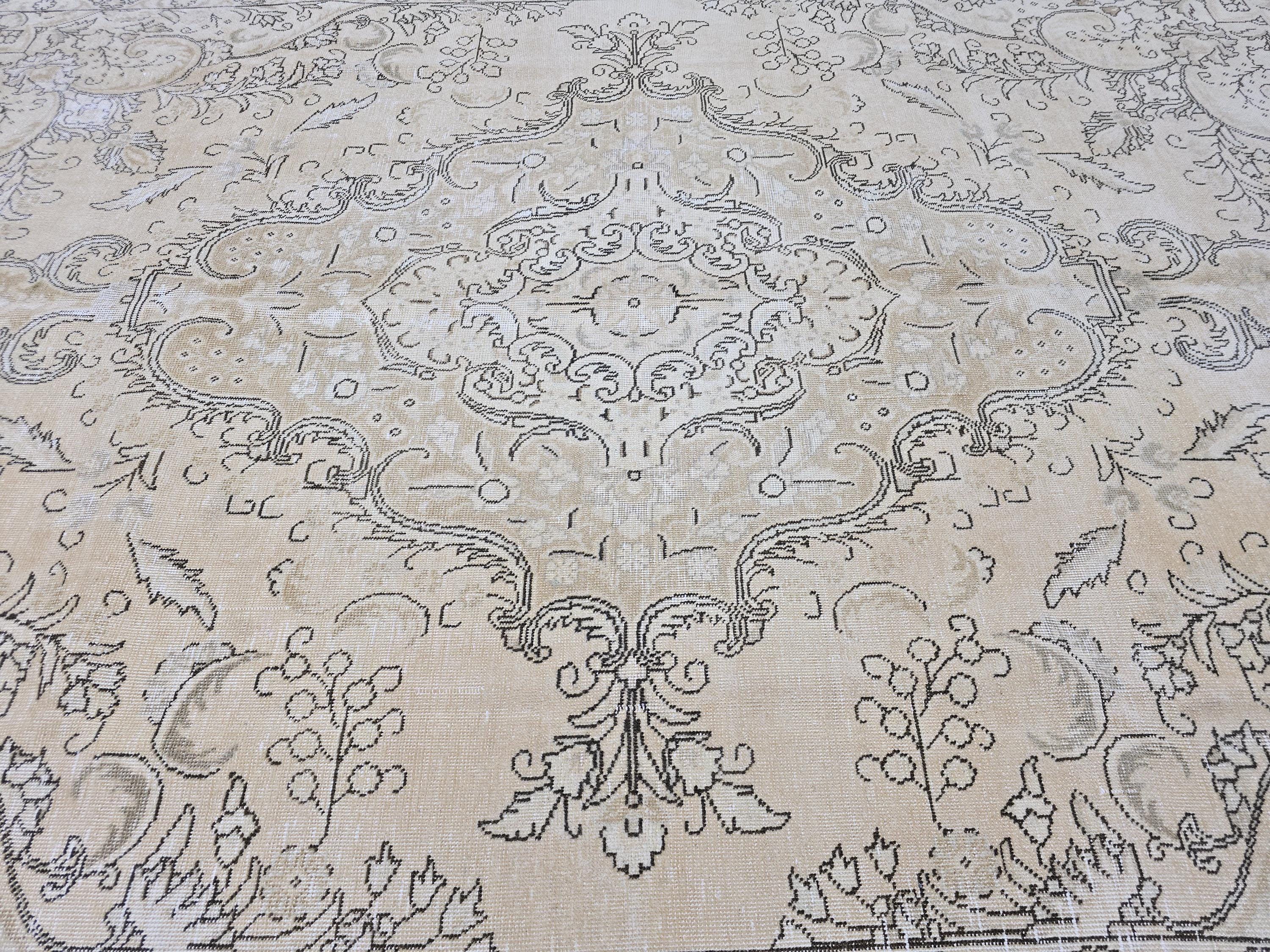 9x12 Oversized Vintage Oushak Rug: Distressed Tan Wool Medallion