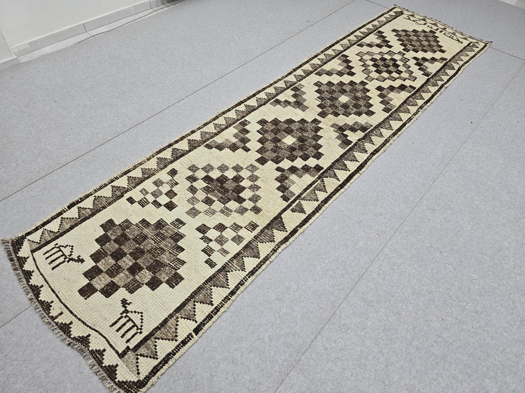 Vintage Rug Runner 3x11 | Neutral Cream Brown Tribal Hallway Carpet | Hand Knotted Wool Turkish Runner