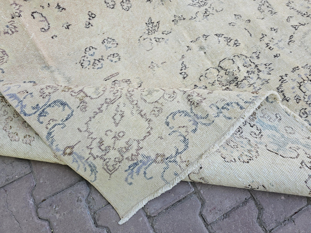 Faded Turkish Wool Rug 7x10: Neutral Oushak Carpet, Beige Cream Brown