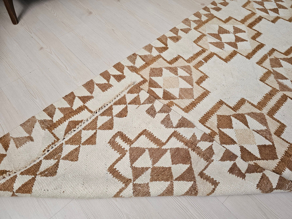 Vintage Turkish Oushak Runner Rug: Neutral Geometric Wool Hallway Rug (3.10x10.70 feet)