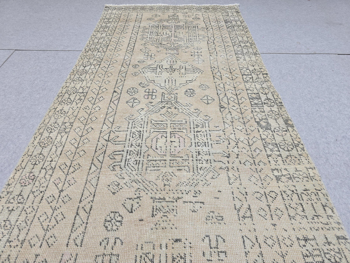 3x12 Vintage Runner Rug, Intricate Tribal Turkish Wool Hallway Runner, Faded Neutral Anatolian Geometric Corridor Rug, Boho Farmhouse Decor