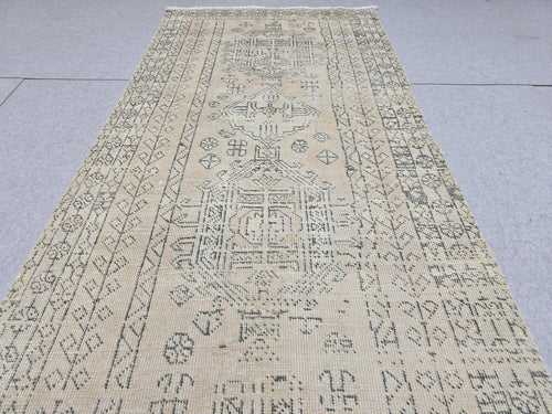 3x12 Vintage Runner Rug, Intricate Tribal Turkish Wool Hallway Runner, Faded Neutral Anatolian Geometric Corridor Rug, Boho Farmhouse Decor