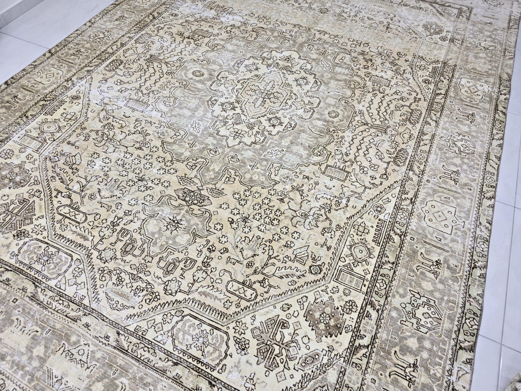 Turkish Rug 8x10, Distressed Grey Beige Vintage Area Rug, Hand Knotted Wool Carpet with Tribal Medallion for Living Room, Hallway