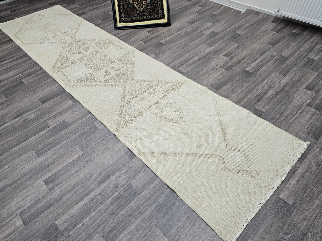 Vintage Oushak Runner Rug: 3x12.25 ft, Neutral Turkish Wool Rug