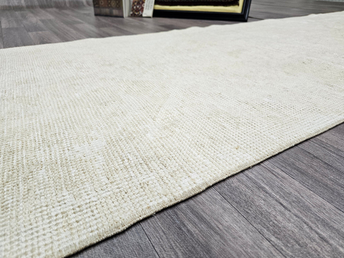 Handmade Wool Oushak Runner: Narrow Beige Hallway Rug (2.80x12.25 feet)