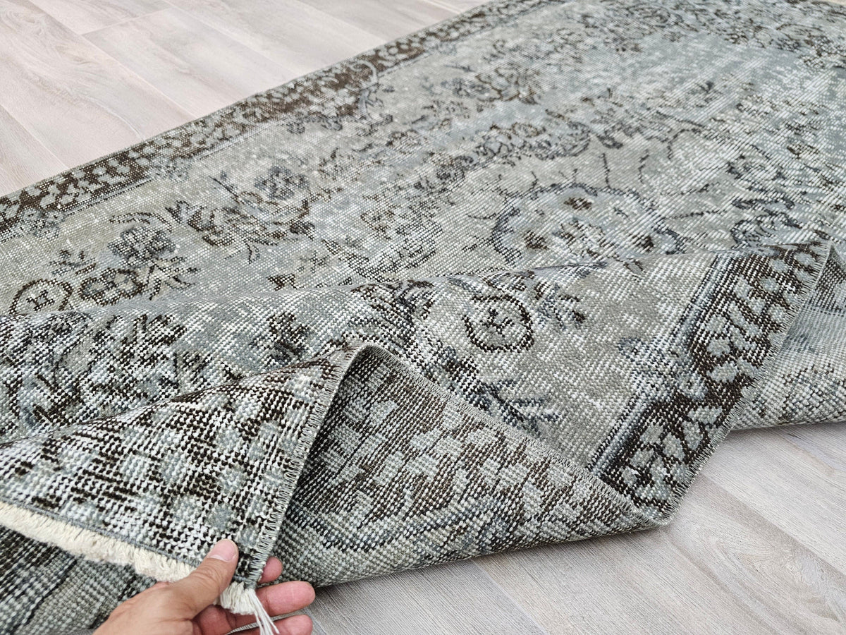 4x7 Overdyed Turkish Wool Rug: Floral Oushak Rug