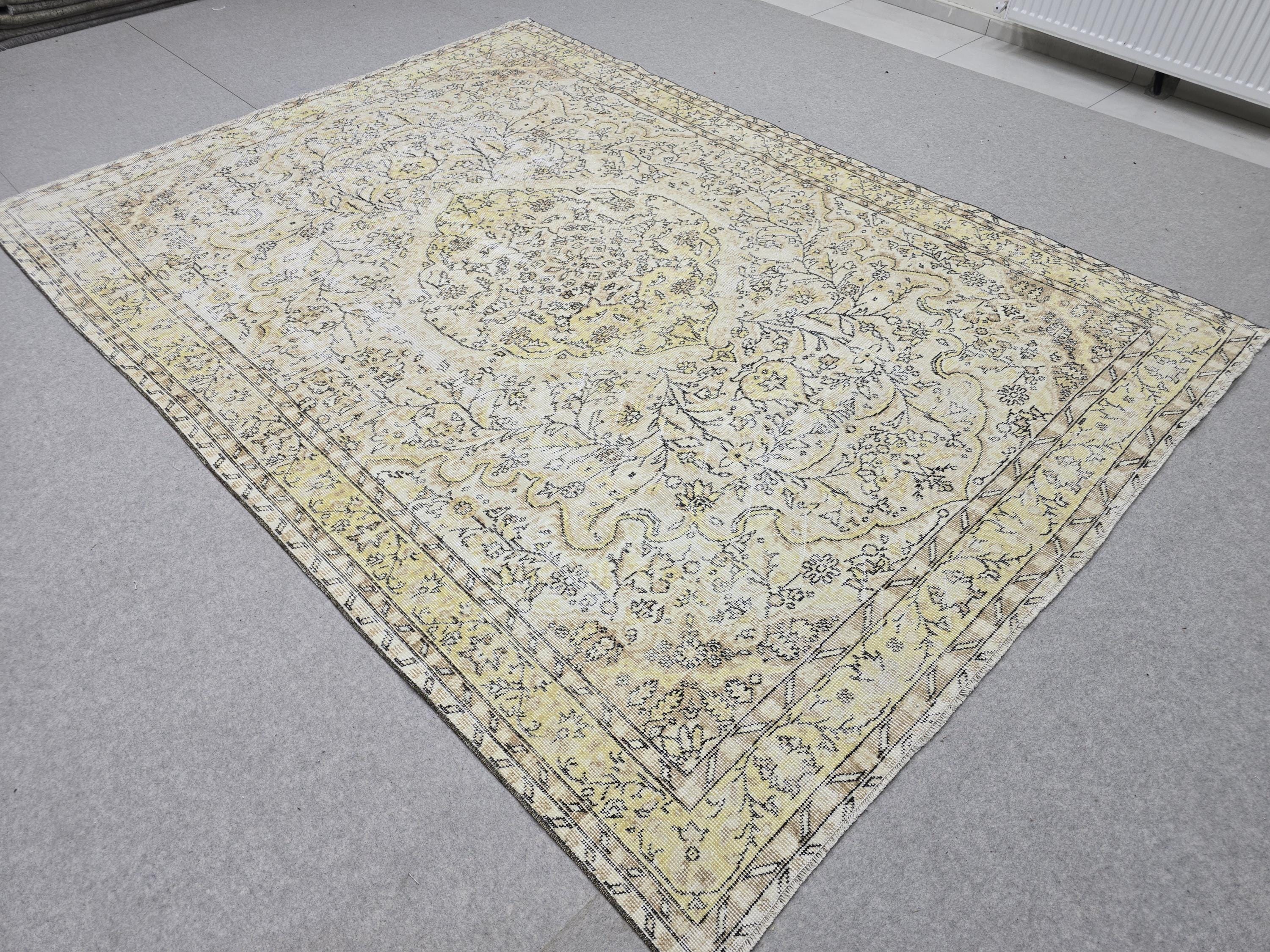 7x9 Neutral Vintage Turkish Oushak Rug for Bedroom/ High Quality Wool Area Rug