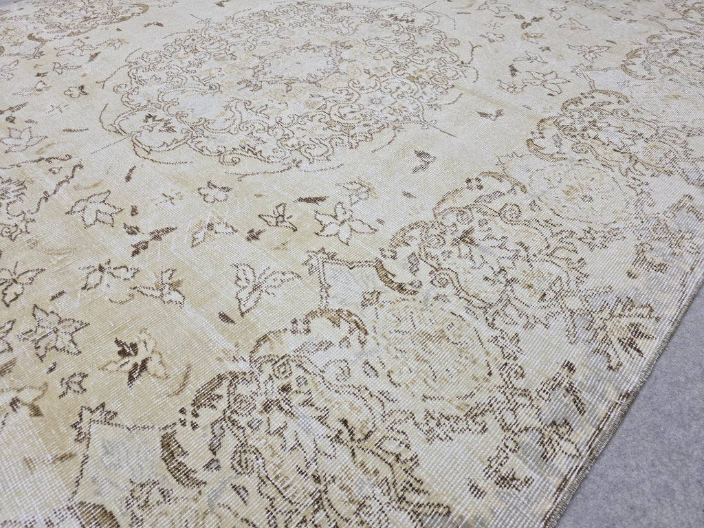 7x10 Oushak Rug Neutral Beige | Vintage Turkish Wool Medallion | Cream Living Room Carpet