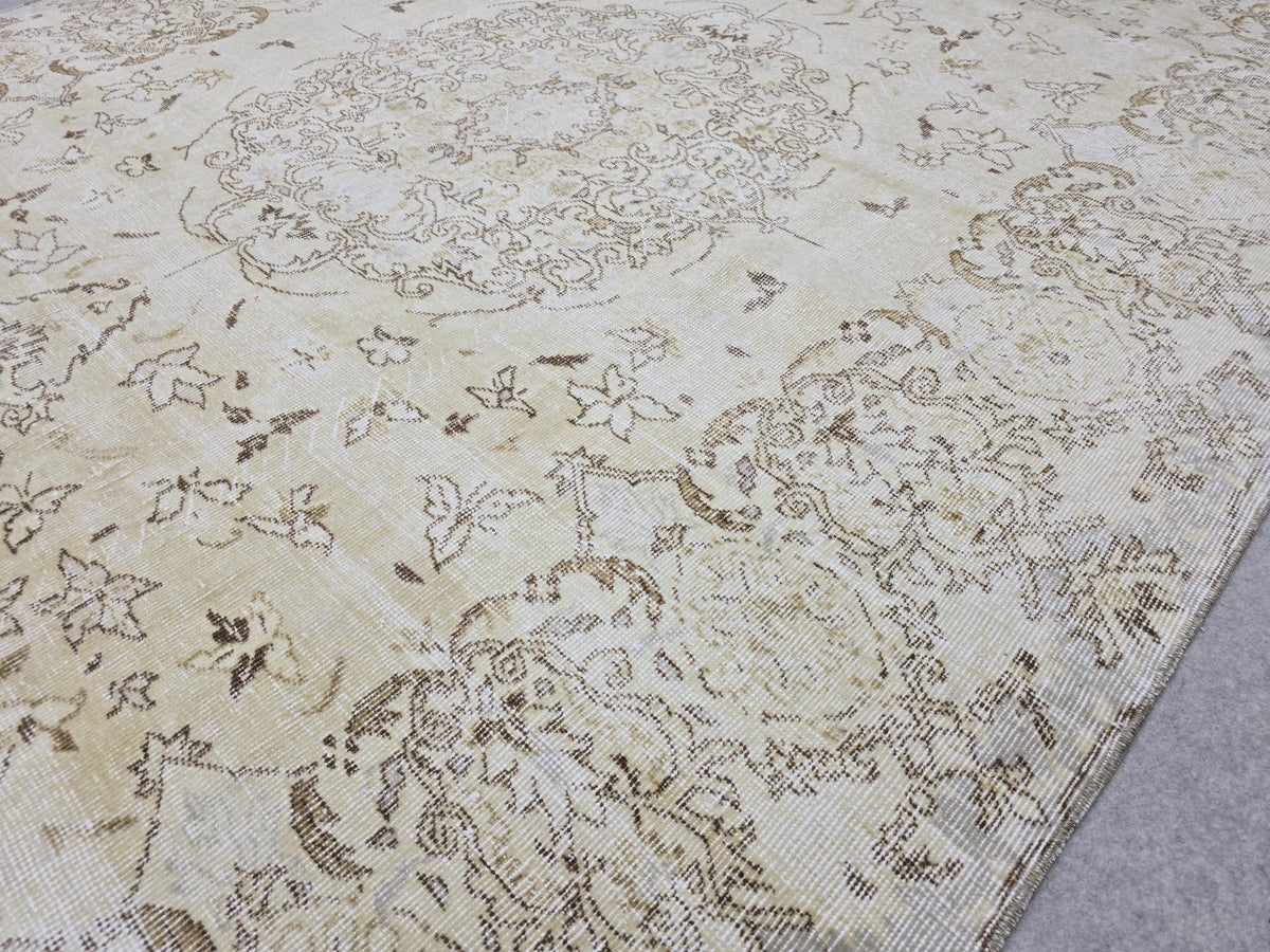 7x10 Oushak Rug Neutral Beige | Vintage Turkish Wool Medallion | Cream Living Room Carpet
