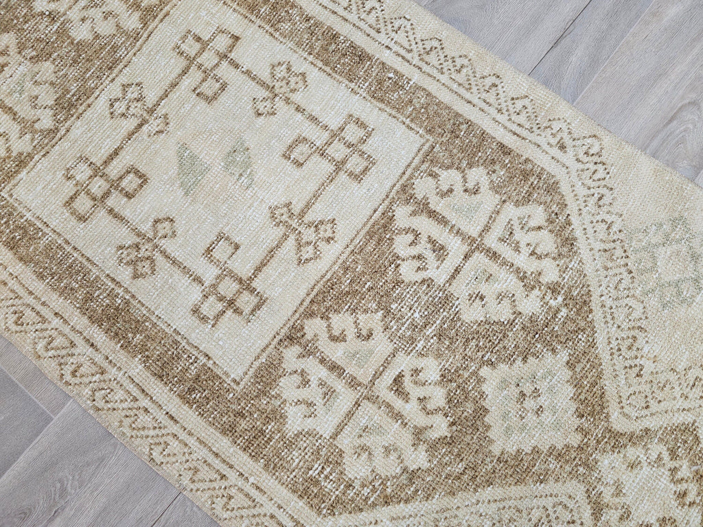 Hand Knotted Turkish Wool Runner Rug: Neutral Anatolian Design (2.50x11.85 feet)