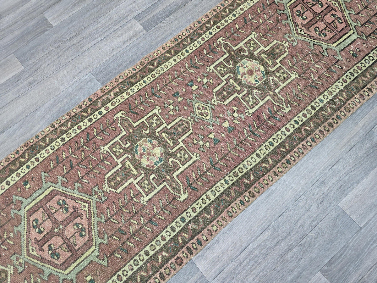 Hand Knotted Wool Heriz Runner Rug: 2.5x14 Long Anatolian Hallway Carpet