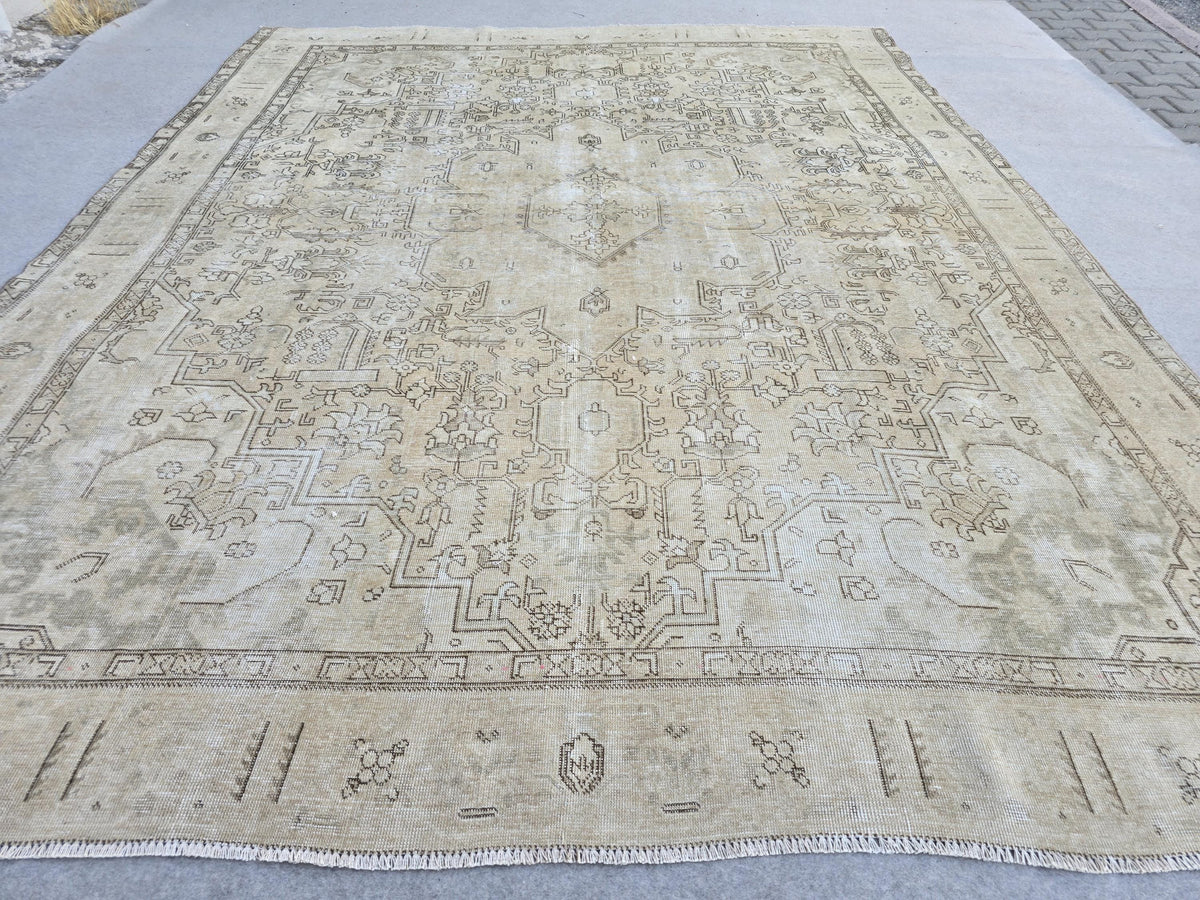 Turkish Rug 9x12 · Distressed Neutral Camel Beige Wool Area Rug · Faded Hand Knotted Vintage Oushak Carpet  · Living Room Boho Decor