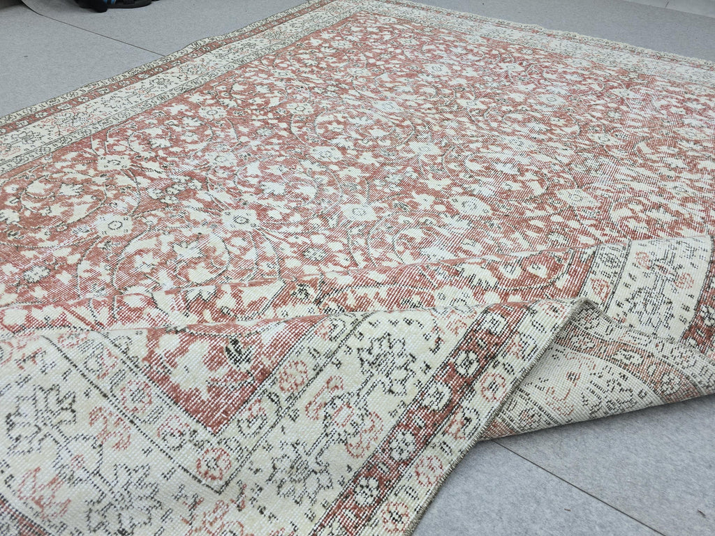 Hand Knotted Oushak Rug: 7x10 ft. Faded Muted terracotta red  Anatolian Carpet