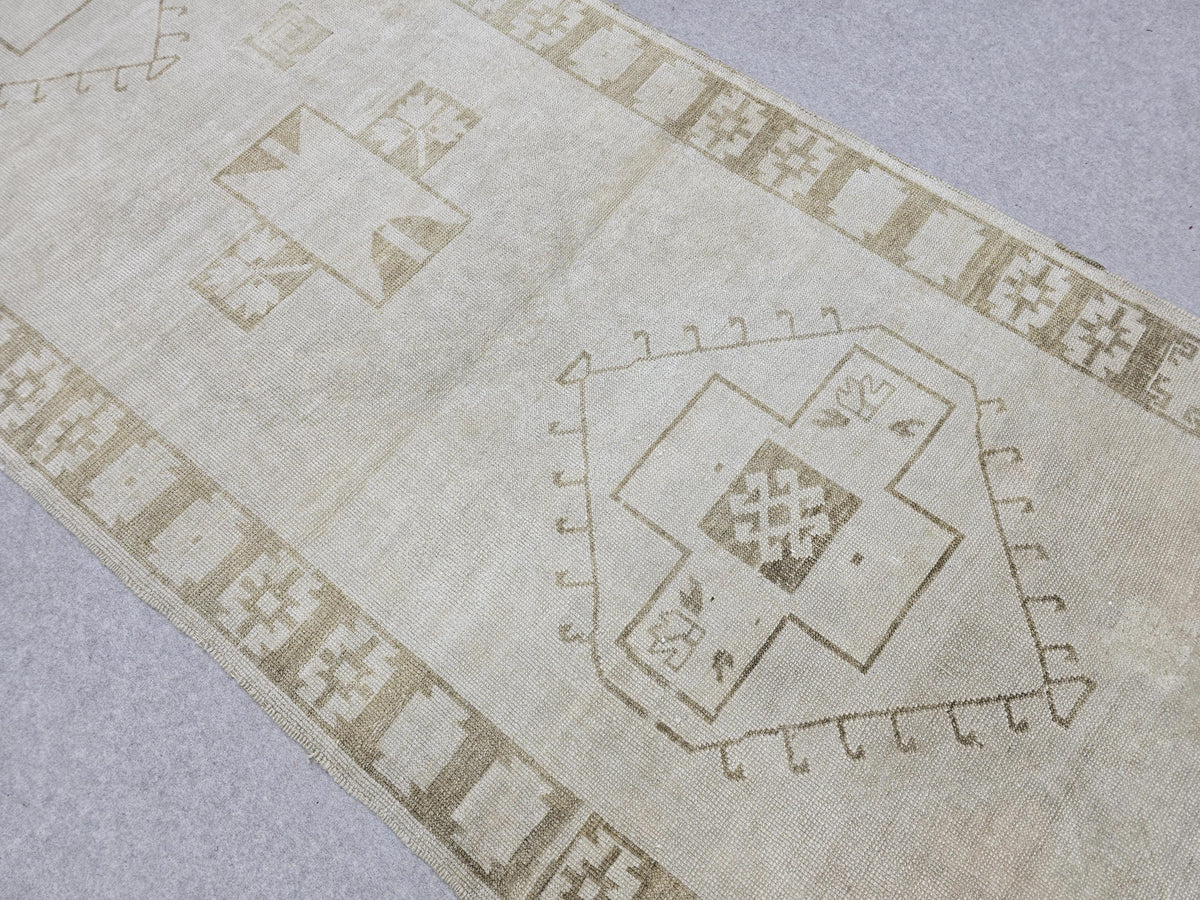 Oushak Rug 4x12, Neutral Runner Rug, Faded Hand Knotted Wool Turkish Runner, Muted Beige Hallway Rug, Vintage Boho Stair Neutral Runner