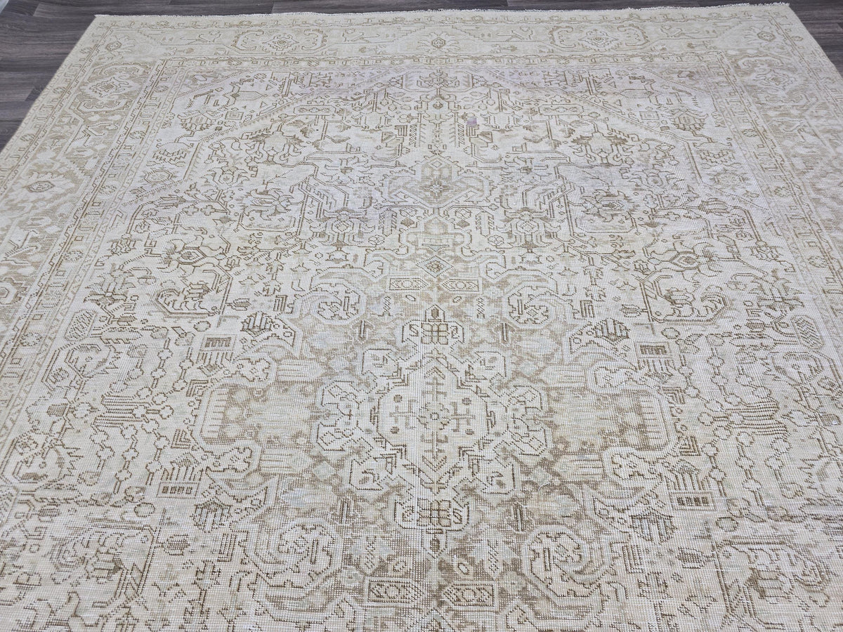 9x12 Oversize Vintage Area Rug/ Hand Knotted Wool Oushak Rug/ Beige Cream Turkish Rug/ Large Neutral Area Rug Geometric