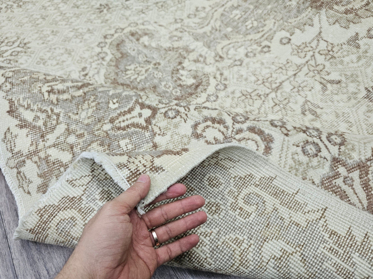 7x10 Neutral Oushak Rug: Hand-Knotted Vintage Wool Area Rug