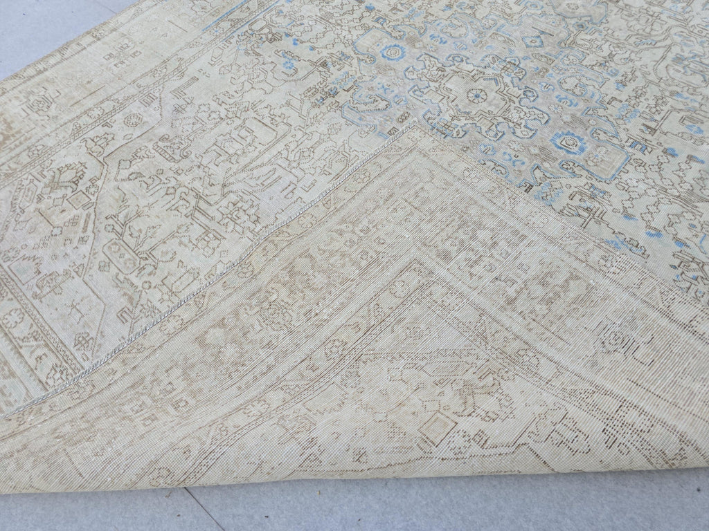9x12 Neutral Area Rug Vintage / Beige and Blue Handmade Wool Oushak Rug
