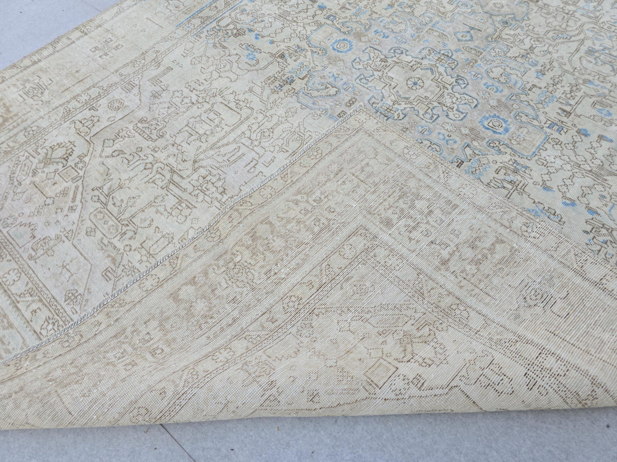 9x12 Neutral Area Rug Vintage / Beige and Blue Handmade Wool Oushak Rug