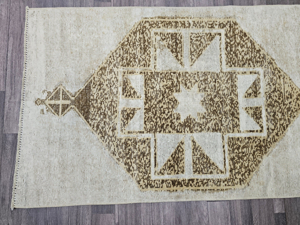 Vintage Turkish Oushak Runner Rug: 3x13 Neutral Wool Hallway Carpet