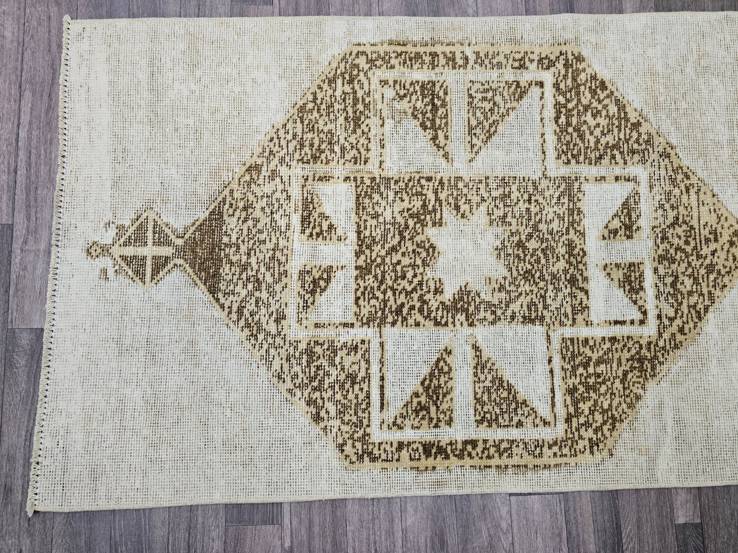 Vintage Turkish Oushak Runner Rug: 3x13 Neutral Wool Hallway Carpet