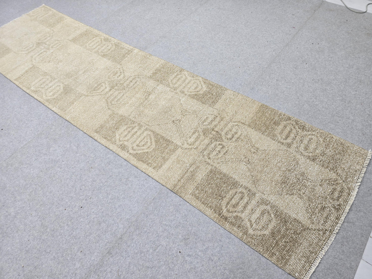 Vintage Rug 3x11 Runner, Turkish Runner Rug for Corridor, Muted Taupe Wool Rug, Greige Laundry Room Decor, Boho Faded Living Room Rug