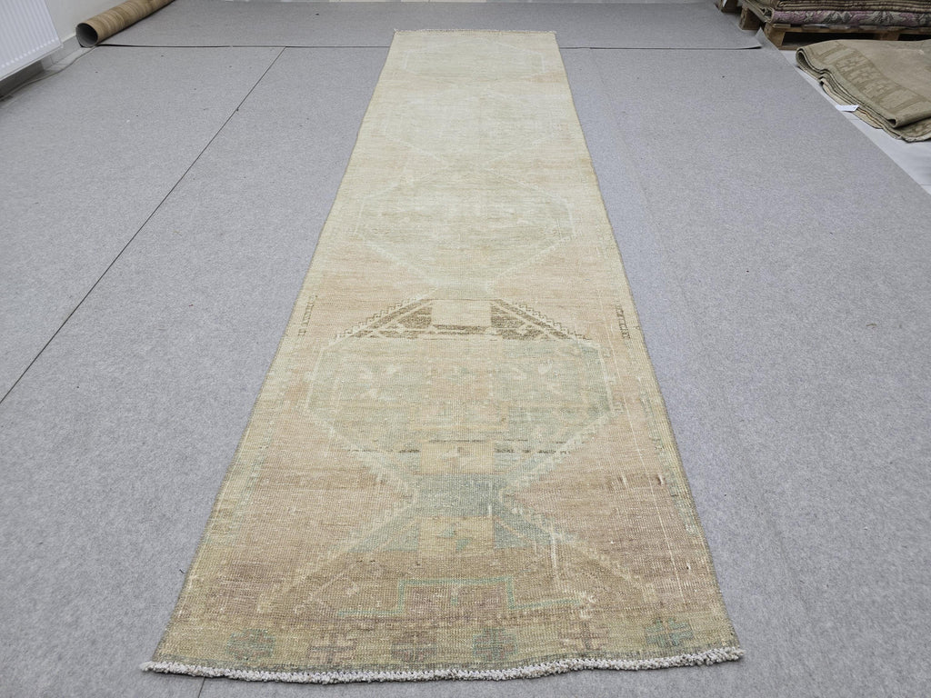 Turkish Rug 3x12, Neutral Runner Rug, Faded Distressed Wool Hallway Runner, Muted Oushak Stair Runner, Vintage Boho Kitchen Carpet
