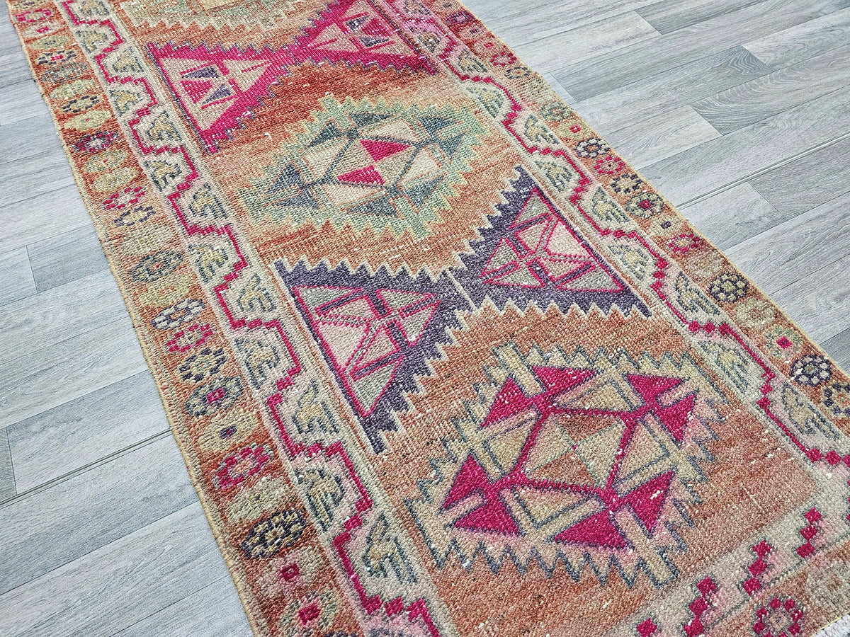 Vintage Herki Wool Runner Rug: 3x13 Rustic Hallway Decor