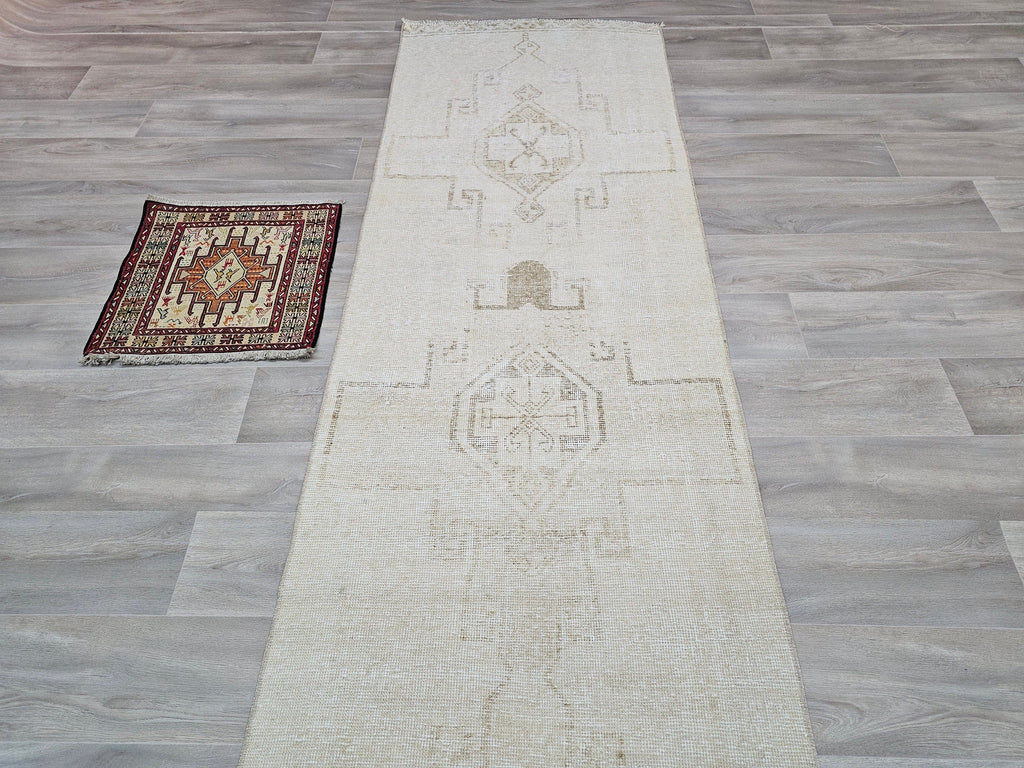 Hand Knotted Wool Oushak Runner Rug: 3x11 Cream Beige Turkish Rug