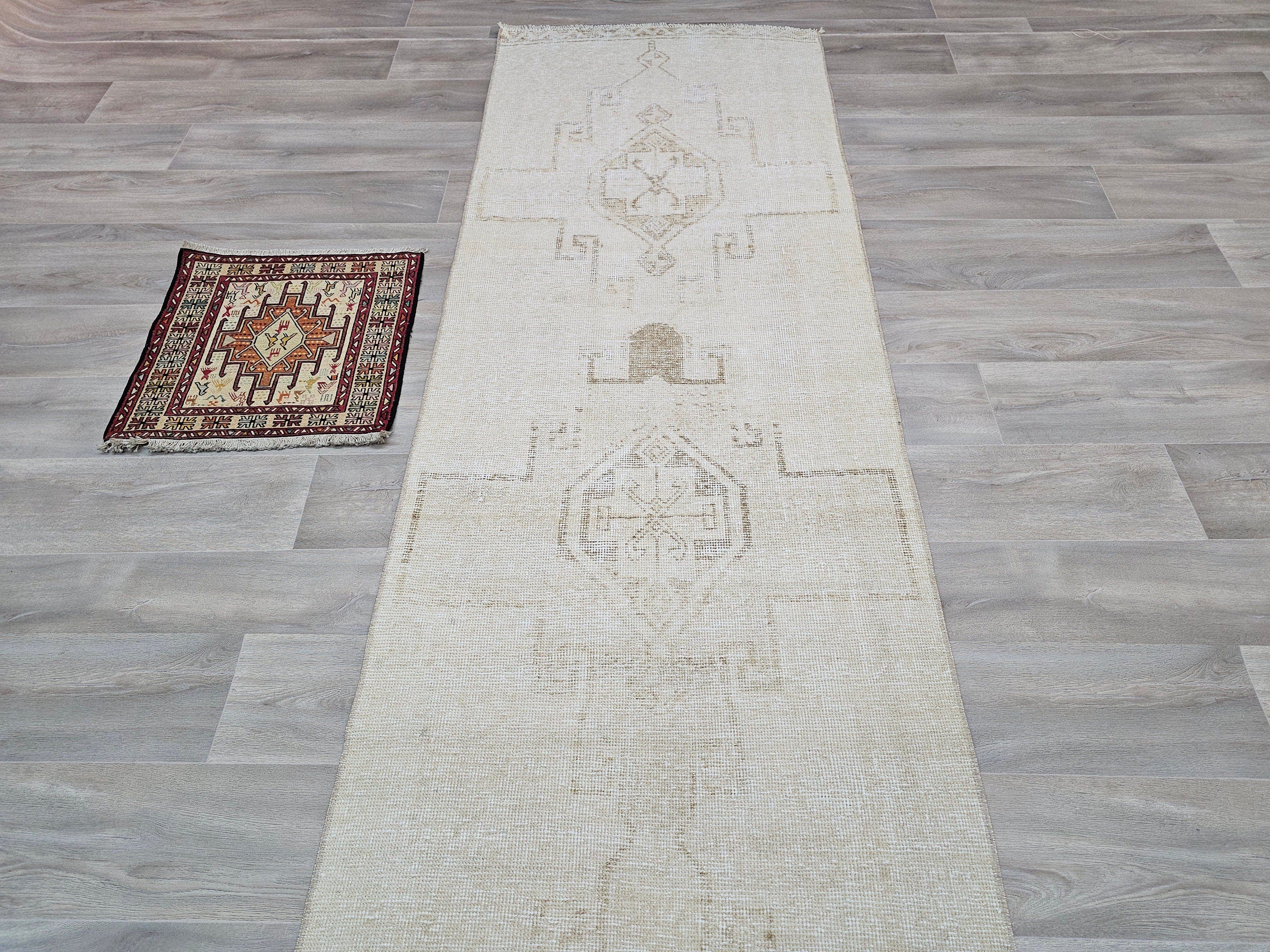 Hand Knotted Wool Oushak Runner Rug: 3x11 Cream Beige Turkish Rug