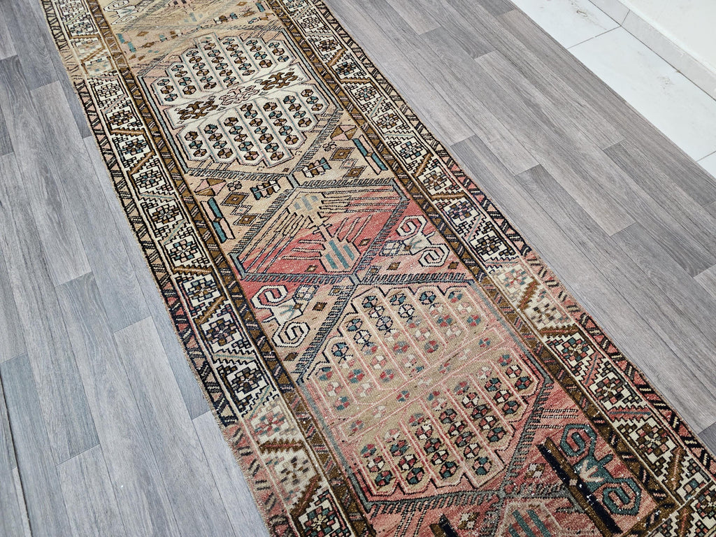 Wide Turkish Wool Runner Rug: Hand Woven Vintage Hallway Rug (3.14x10.35 ft)