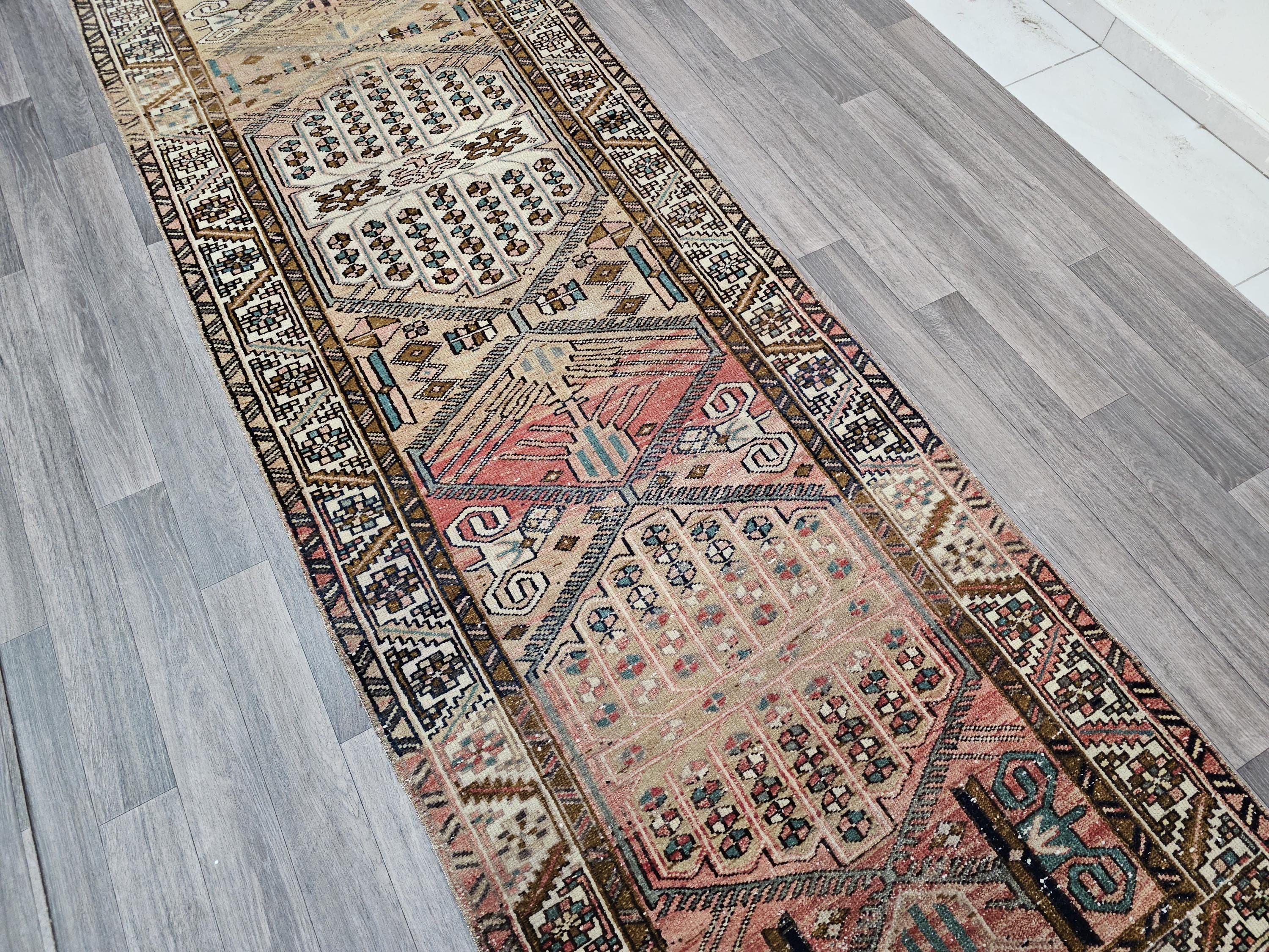 Wide Turkish Wool Runner Rug: Hand Woven Vintage Hallway Rug (3.14x10.35 ft)