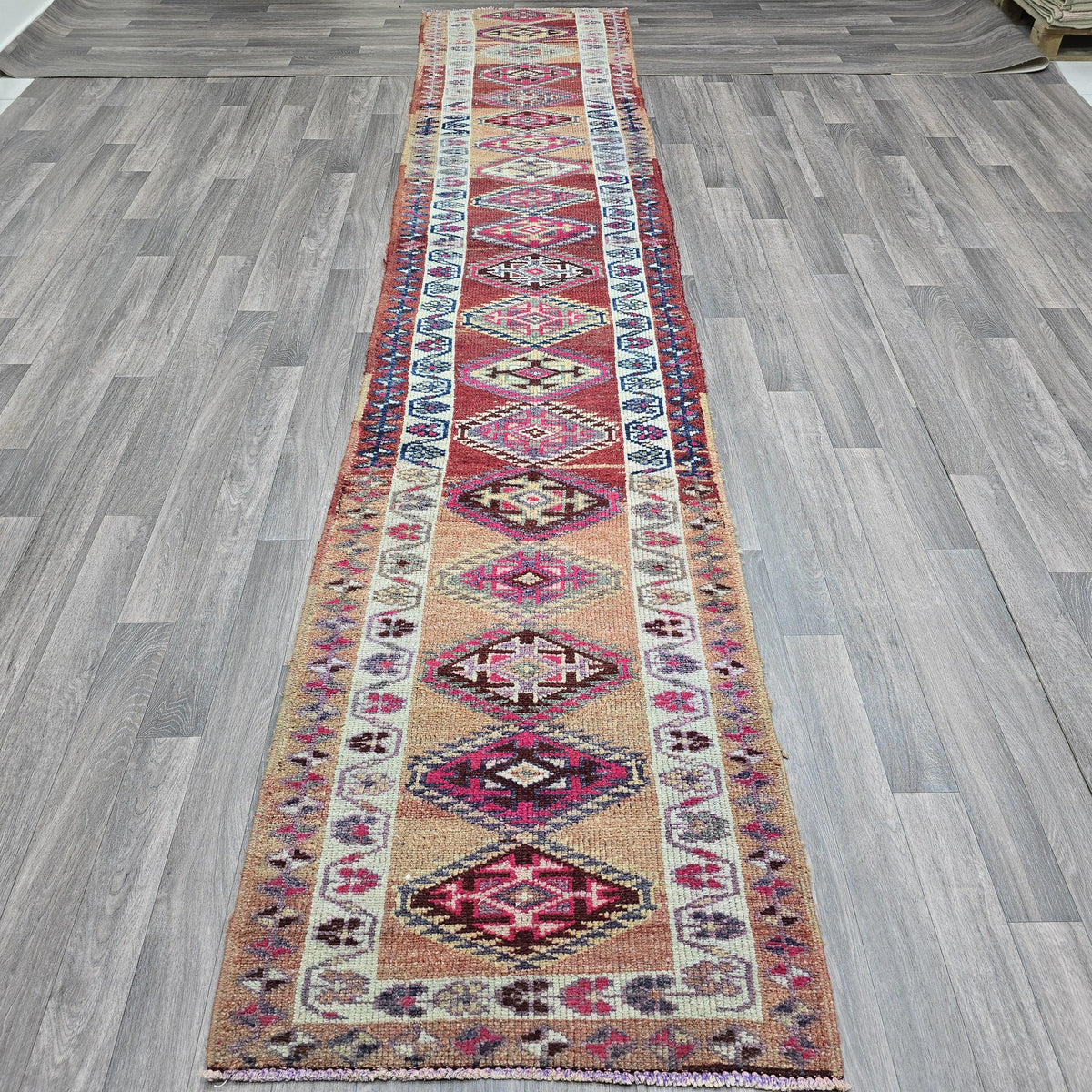 Vintage Turkish Runner Rug: Handwoven Wool Kilim, Bohemian Home Decor (2.5x13 ft